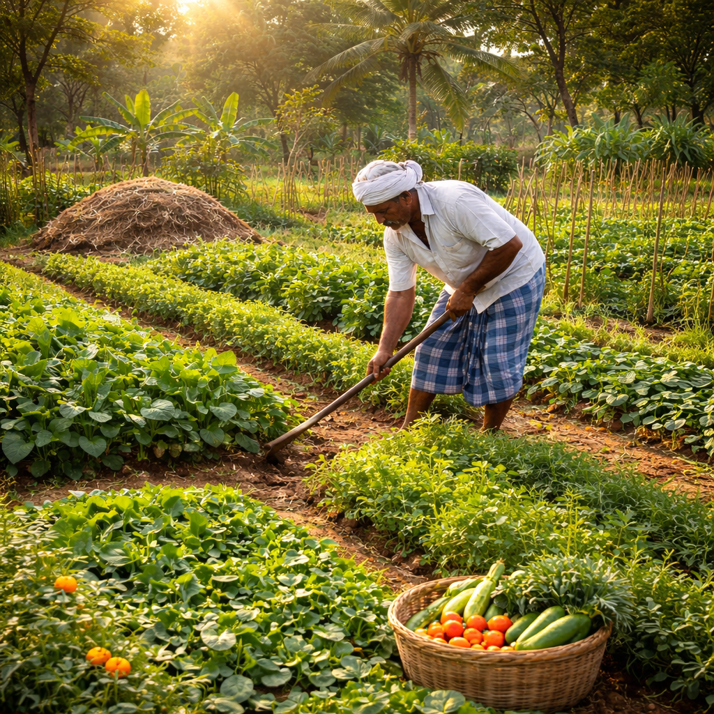 natural farming for beginners showing a farmer harvesting vegetables using chemical-free methods